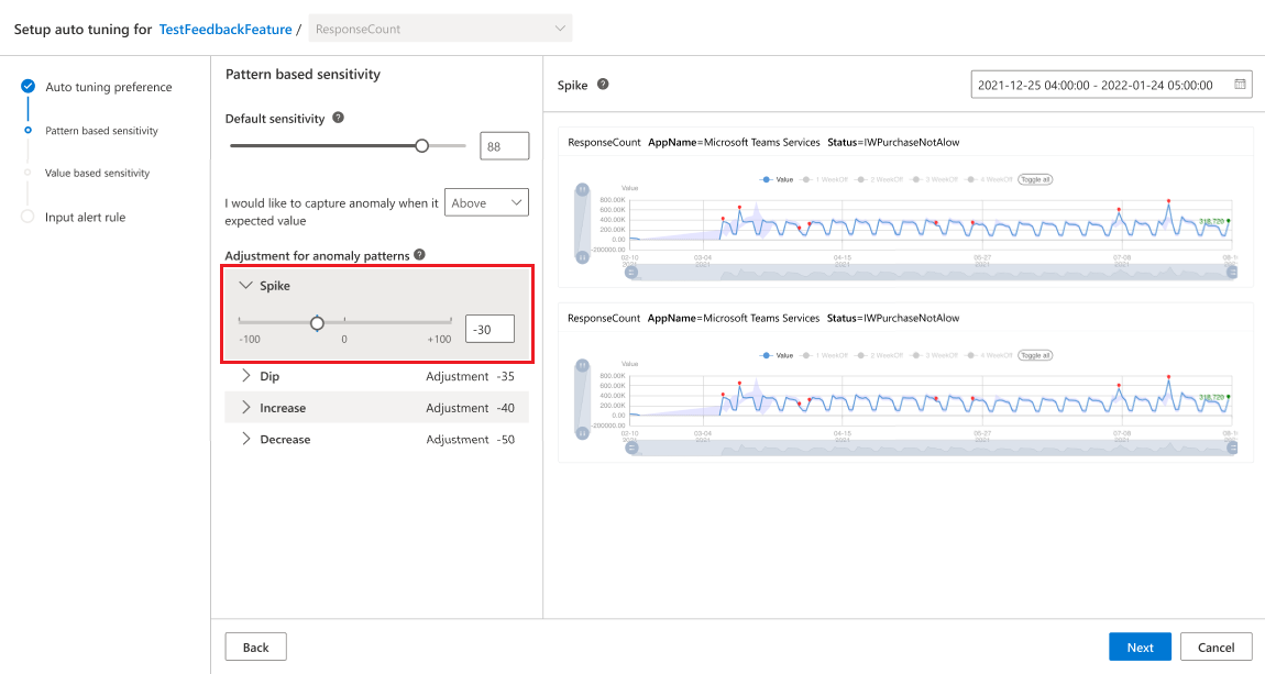 Screenshot of auto-tuning pattern U I within Metrics Advisor.