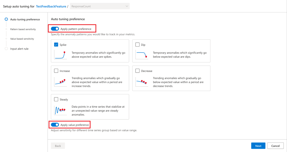 Screenshot with a toggle button for apply pattern preference and apply value preference selected.
