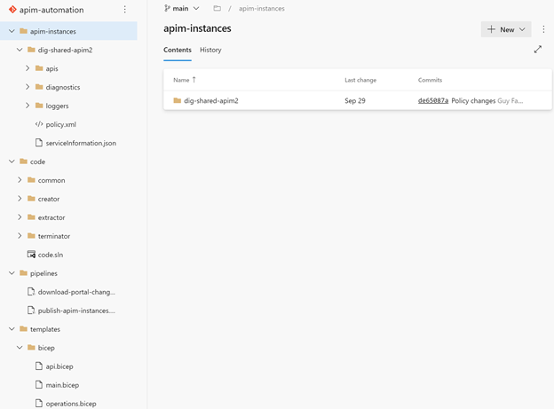 Cuplikan layar 'APIM-automation' yang menunjukkan 'apim-instances' dan hierarki folder.