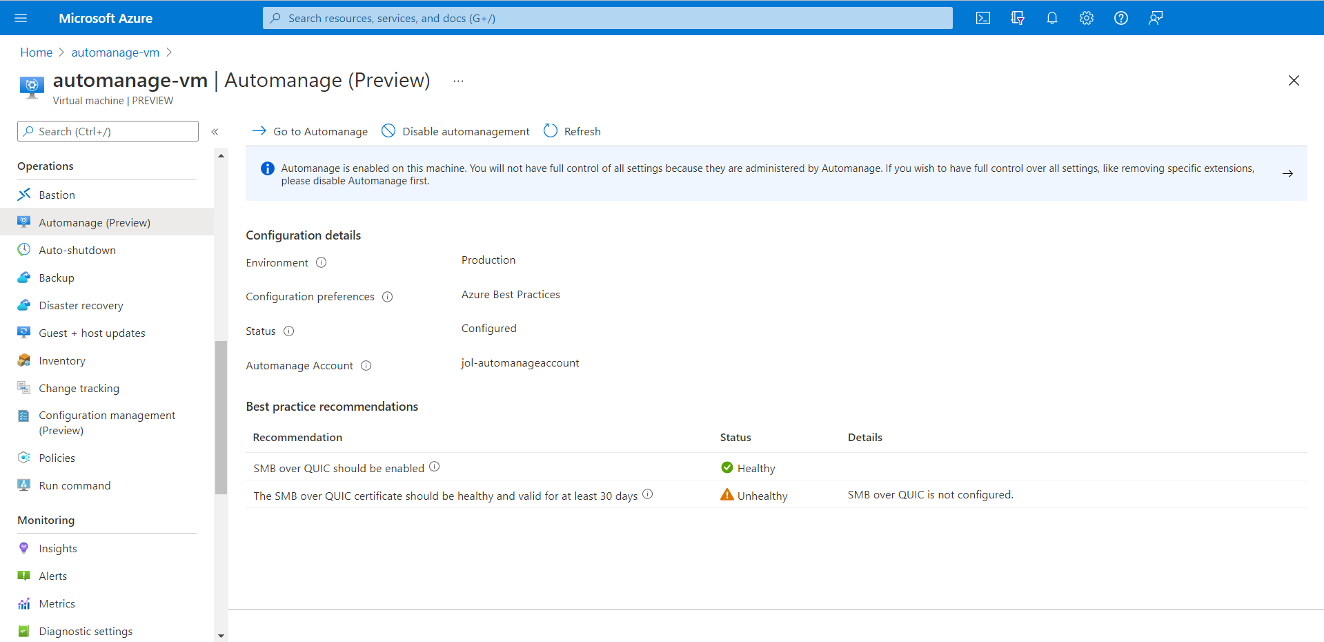 View SMB over QUIC policies for a VM.