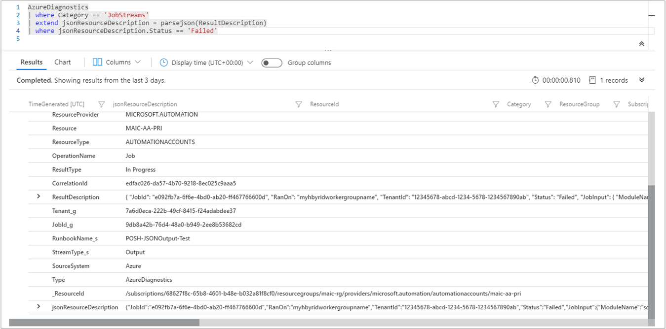 Format JSON Aliran Riwayat Pekerjaan Log Analytics