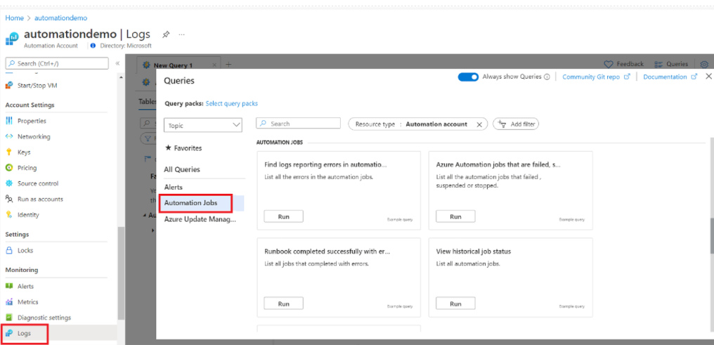 Cuplikan layar memperlihatkan cara menavigasi untuk memilih pekerjaan Automation.