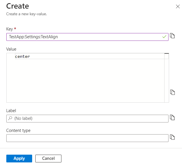 Cuplikan layar portal Azure yang memperlihatkan pengaturan konfigurasi untuk membuat nilai kunci.