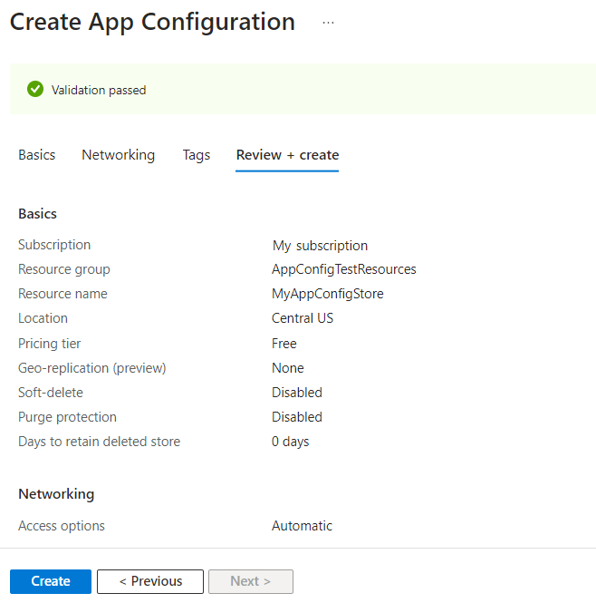 Cuplikan layar portal Azure yang memperlihatkan pengaturan konfigurasi di tab Tinjau + buat.