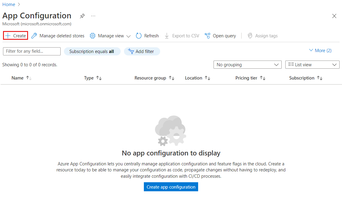 Cuplikan layar portal Azure yang memperlihatkan tombol untuk meluncurkan pembuatan penyimpanan App Configuration.