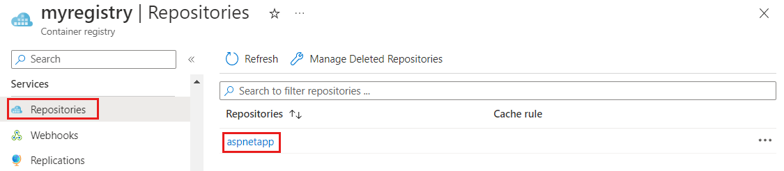 Cuplikan layar platform Azure memperlihatkan repositori di Azure Container Registries.