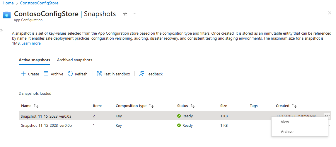 Cuplikan layar opsi arsip di rekam jepret aktif.