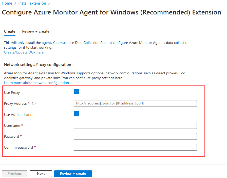 Cuplikan layar yang memperlihatkan bidang konfigurasi untuk ekstensi agen Azure Monitor.