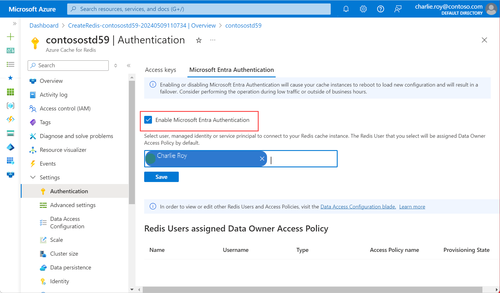 Cuplikan layar memperlihatkan autentikasi dipilih di menu sumber daya dan mengaktifkan autentikasi Microsoft Entra diperiksa.
