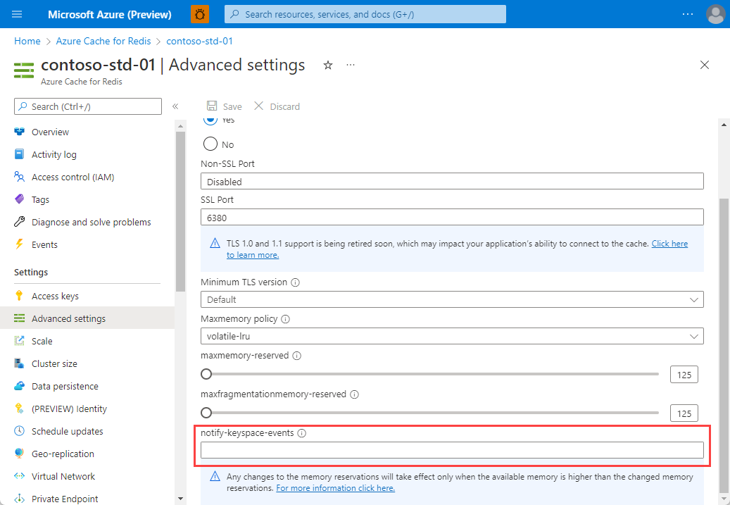 Pengaturan Tingkat Lanjut Azure Cache for Redis