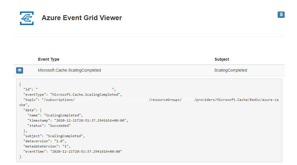Penskalaan Azure Event Grid Viewer dalam format JSON.