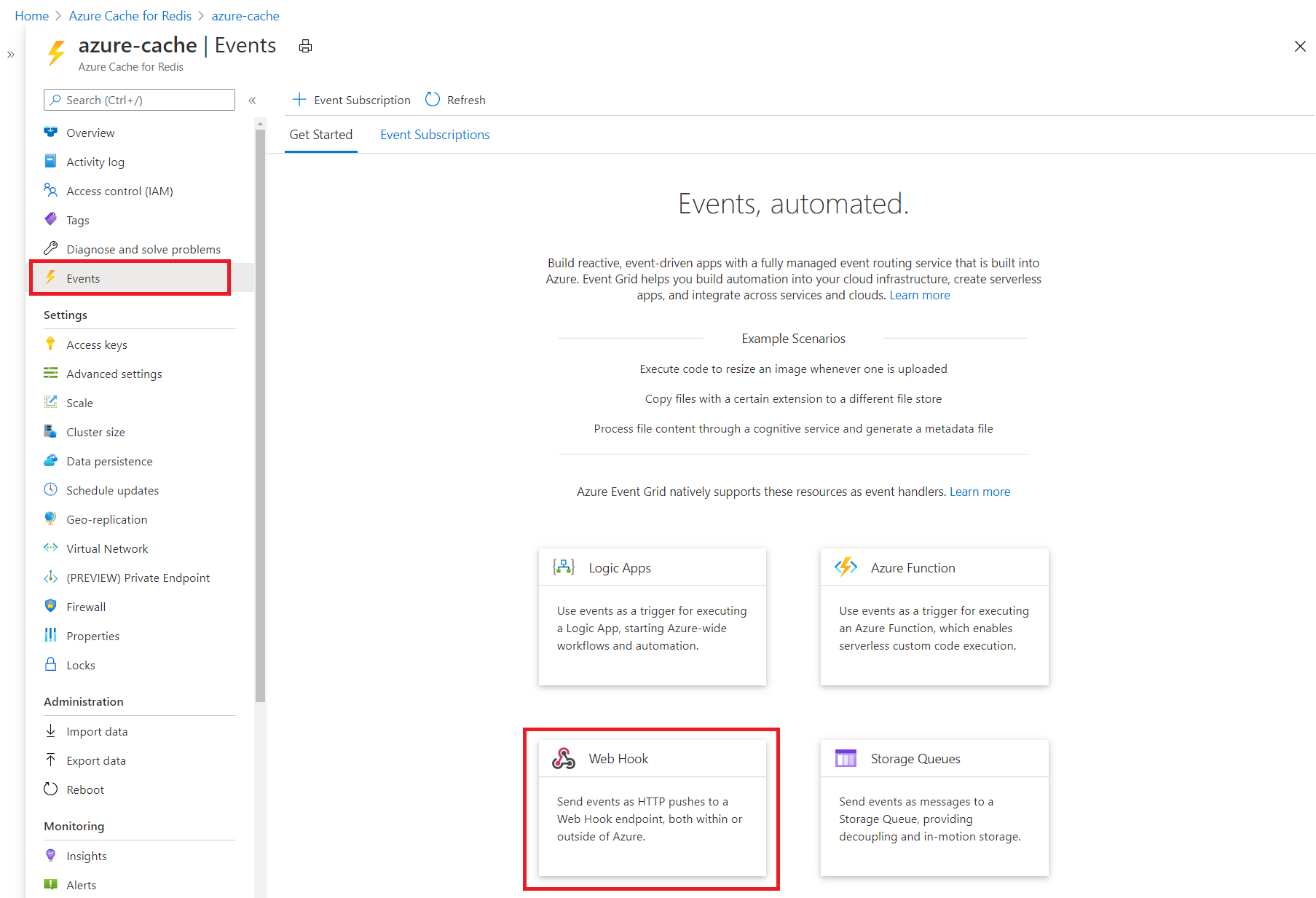 Azure portal Events page.