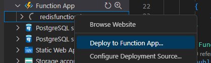 Cuplikan layar pilihan untuk menyebarkan ke aplikasi fungsi di Visual Studio Code.