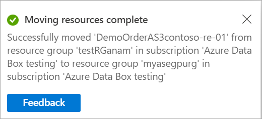 Screenshot showing the notification indicating that the resource was successfully moved to a specified resource group. 