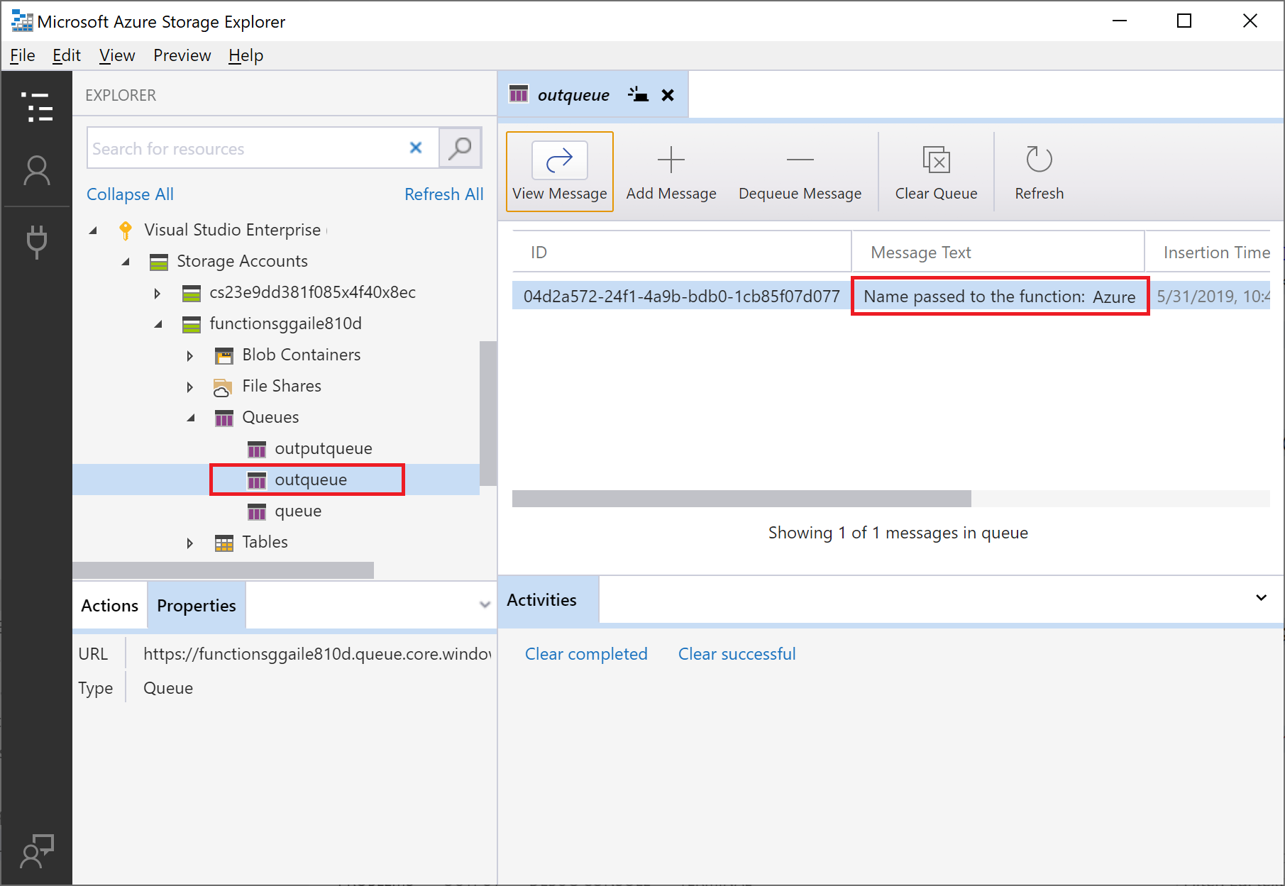 Cuplikan layar pesan antrean yang ditampilkan di Azure Storage Explorer.