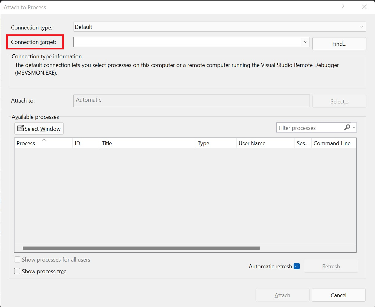 Dialog Visual Studio melampirkan ke proses