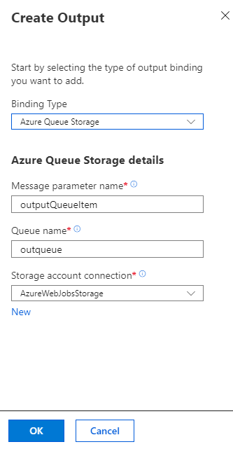 Cuplikan layar yang memperlihatkan cara menambahkan pengikatan output Queue Storage ke fungsi di portal Azure.