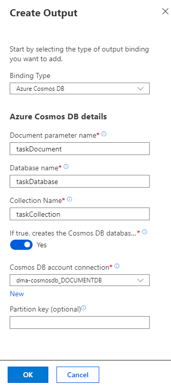 Konfigurasikan pengikatan data{i> output<i} Microsoft Azure Cosmos DB.