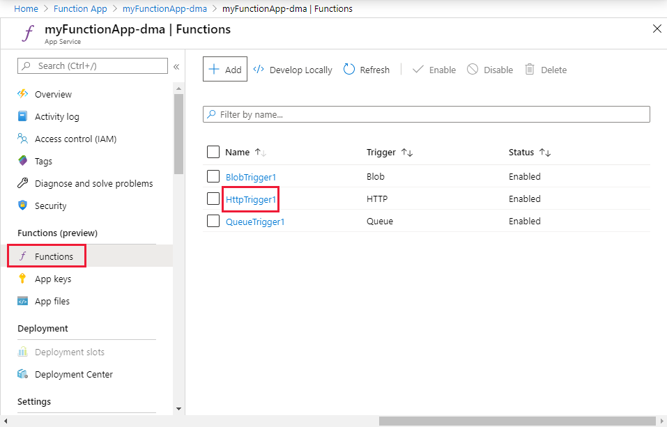 Pilih fungsi Http Anda di portal Microsoft Azure.