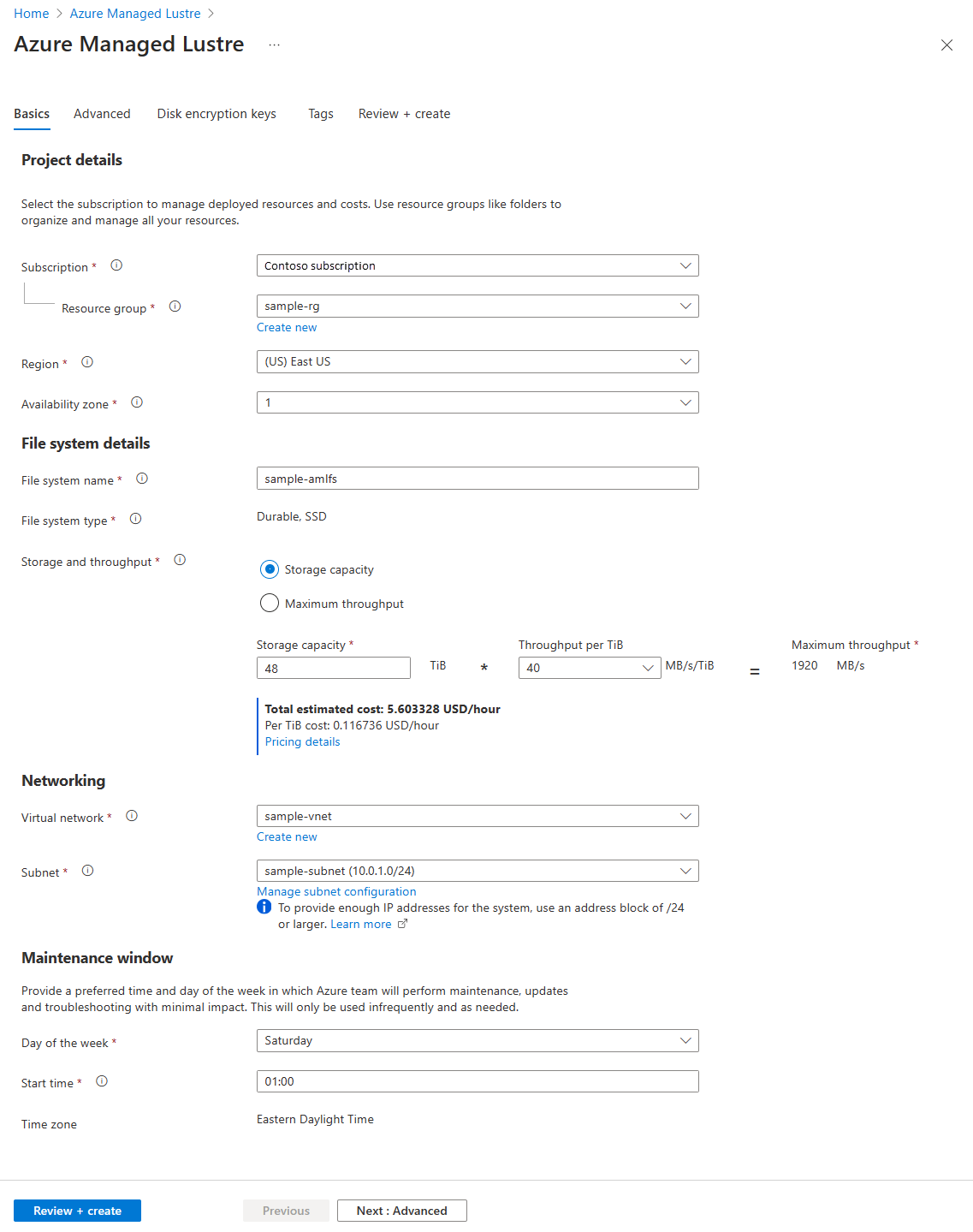 Cuplikan layar yang memperlihatkan tab Dasar untuk membuat sistem file Azure Managed Lustre di portal Azure.