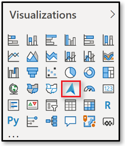 Cuplikan layar tombol visual Azure Peta pada panel Visualisasi di Power BI.