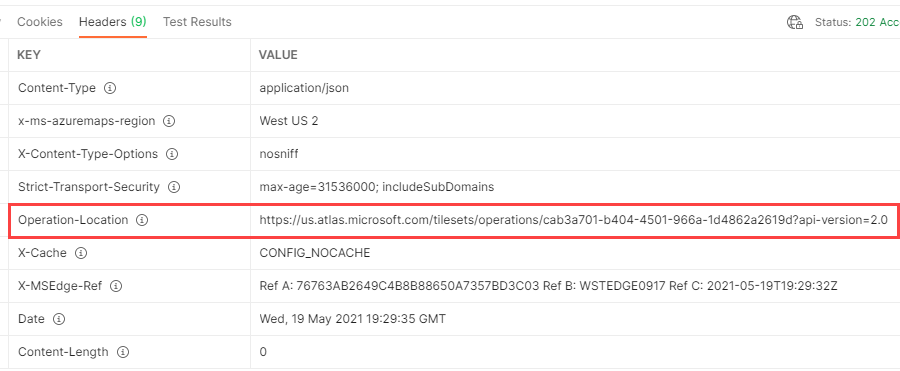 Screenshot of Postman that shows the status URL, which is the value of the Operation-Location key in the response header.