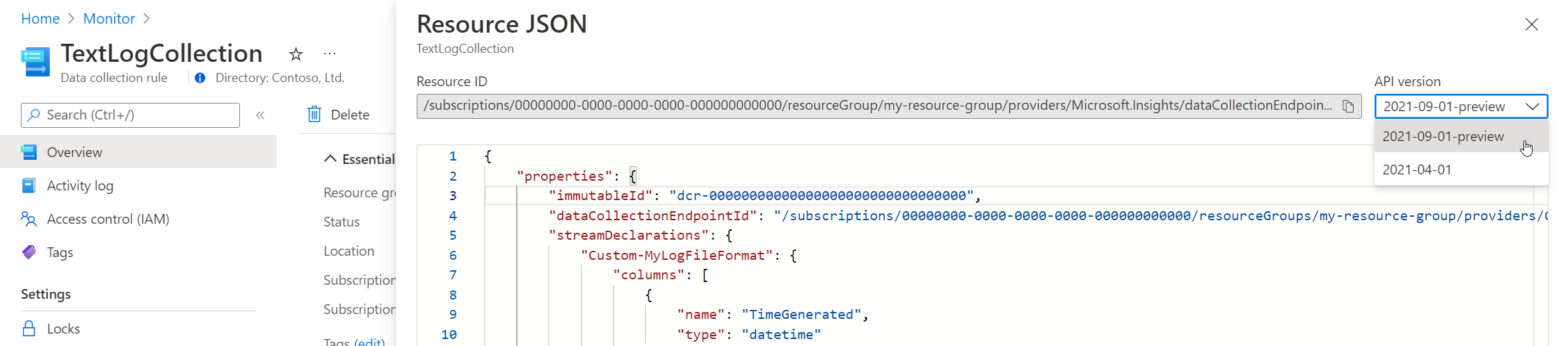 Cuplikan layar yang menunjukkan tampilan JSON untuk aturan pengumpulan data.