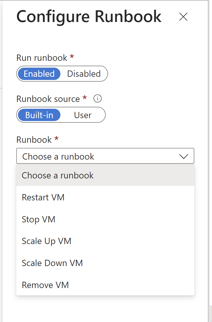 Cuplikan layar mengonfigurasi tindakan runbook.