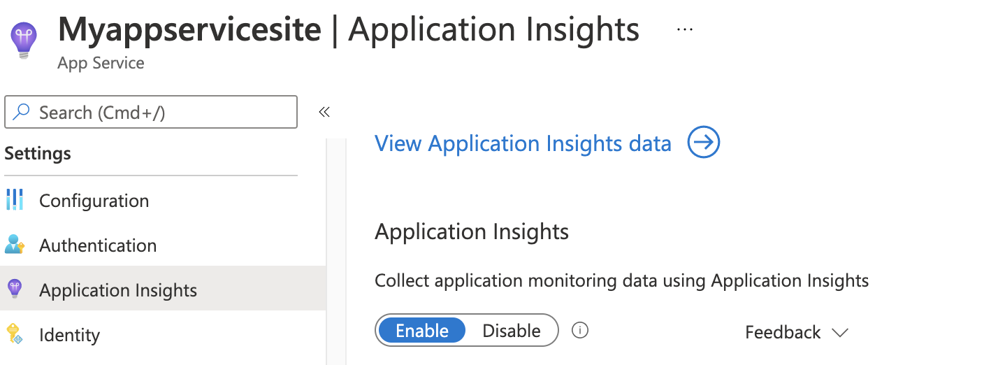  Cuplikan layar yang memperlihatkan tab Application Insights dengan Aktifkan dipilih.
