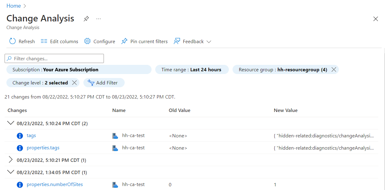Cuplikan layar panel Analisis Perubahan di portal Azure