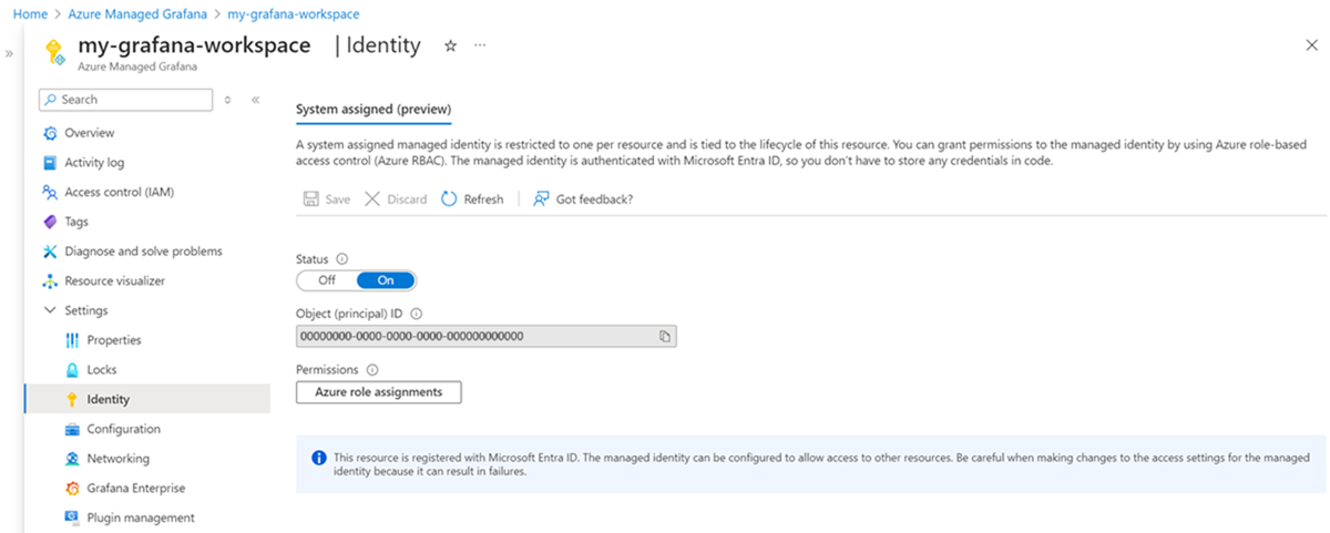 Cuplikan layar halaman Identitas untuk Azure Managed Grafana.