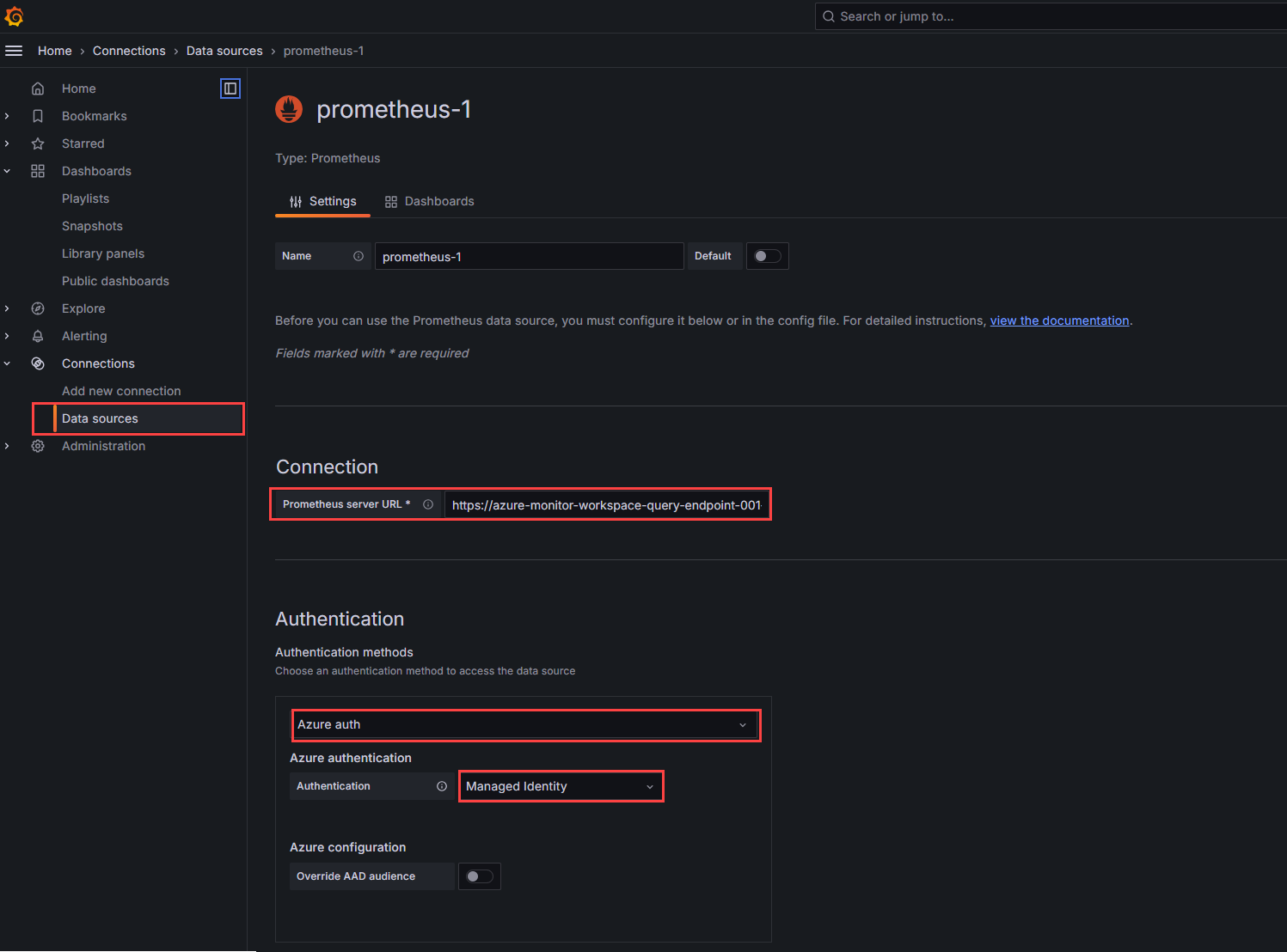 Cuplikan layar konfigurasi untuk sumber data Prometheus.