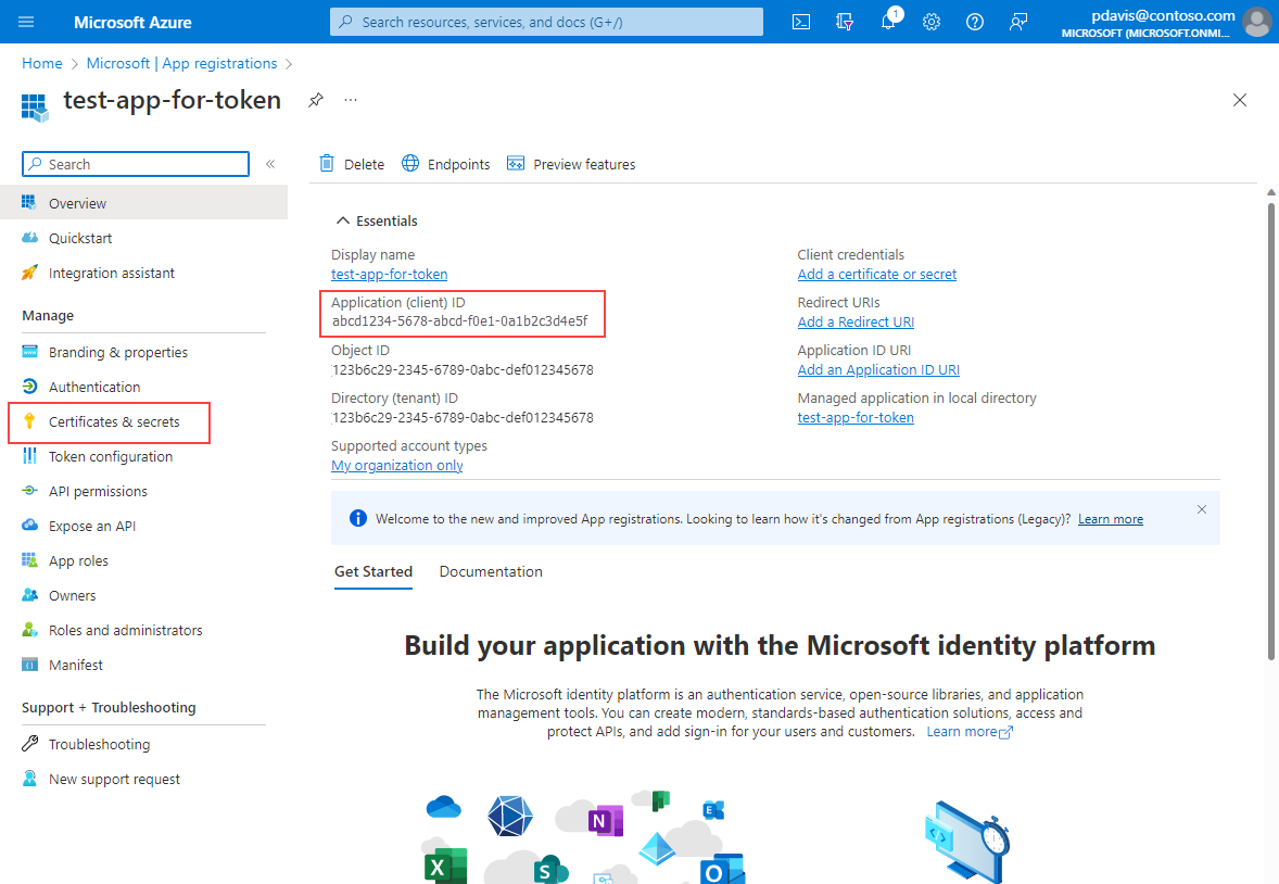 Cuplikan layar memperlihatkan halaman gambaran umum Pendaftaran aplikasi di ID Microsoft Entra.