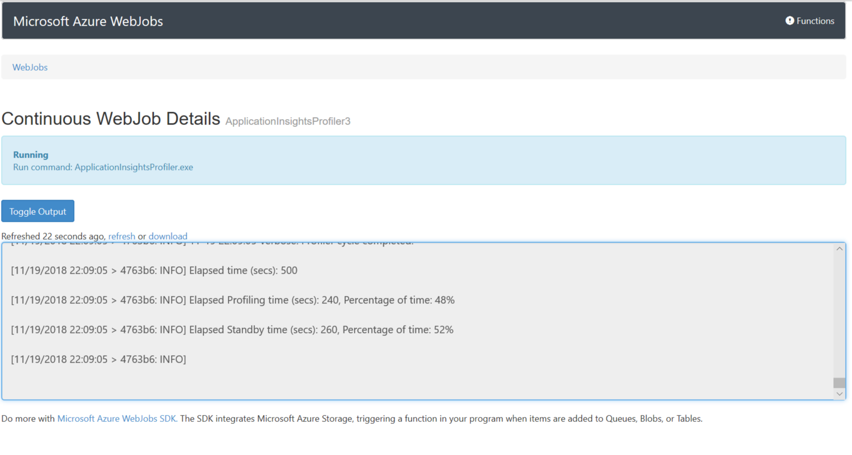 Cuplikan layar yang memperlihatkan panel Detail WebJob Berkelanjutan.