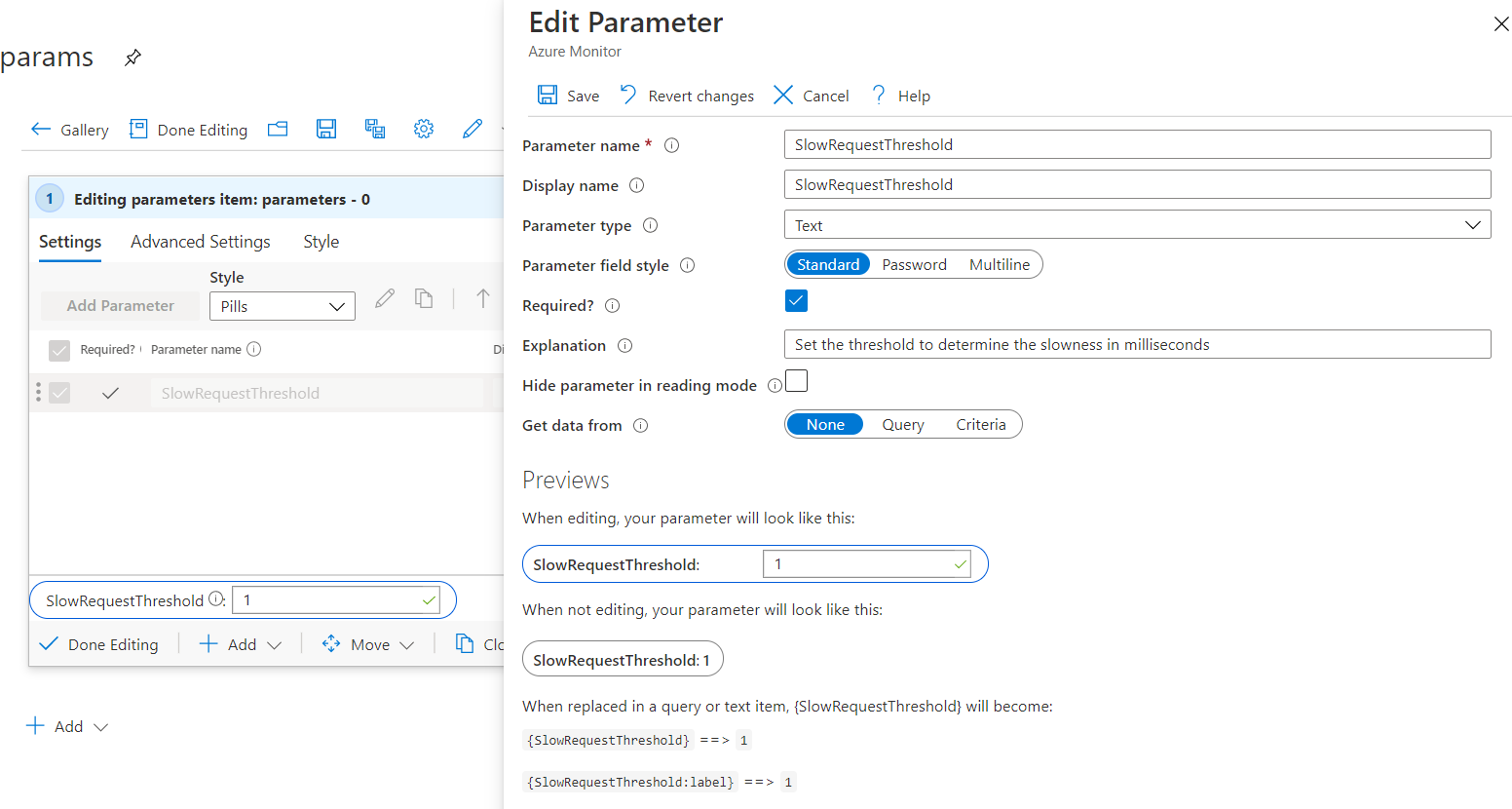 Screenshot that shows the creation of a text parameter.