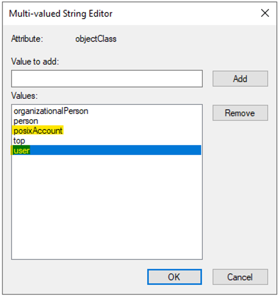 Cuplikan layar Editor String Multinilai yang menunjukkan beberapa nilai yang ditentukan untuk Kelas Objek.
