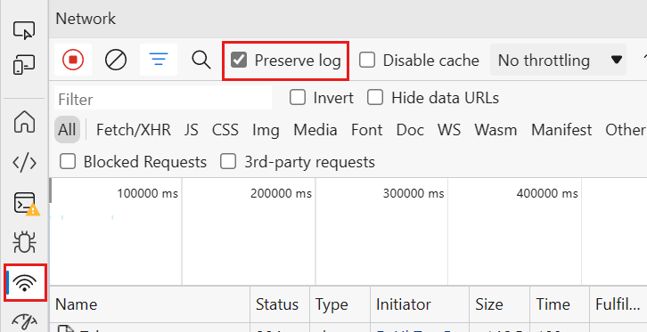 Cuplikan layar yang menyoroti opsi Pertahankan log pada tab Jaringan di Edge.