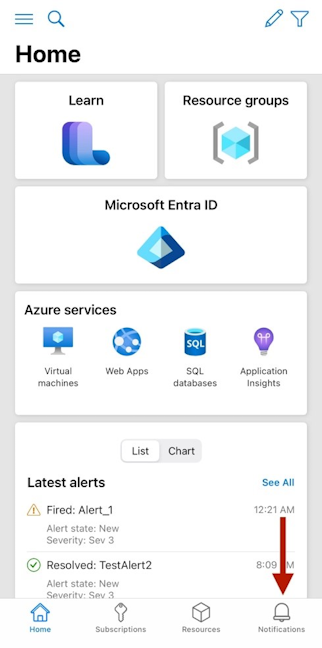 Cuplikan layar memperlihatkan ikon Pemberitahuan di toolbar bawah aplikasi seluler Azure.