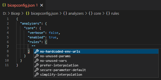 Cuplikan layar dukungan intellisense dalam mengonfigurasi bicepconfig.json.