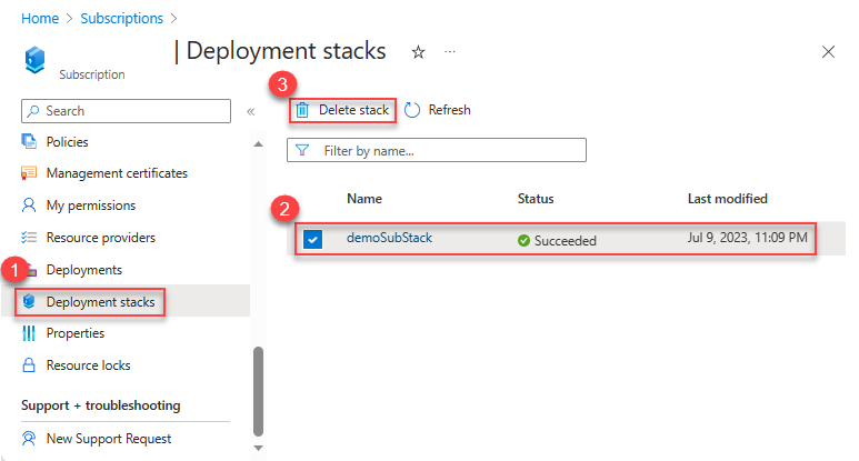 Screenshot of deleting deployment stacks at the subscription scope.