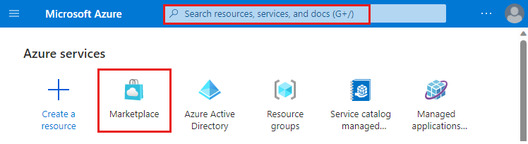 Screenshot of the Azure portal home page to search for Marketplace or select it from the list of Azure services.