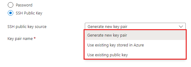 Cuplikan layar elemen antarmuka pengguna kombo info masuk dengan opsi untuk kunci umum Linux SSH.