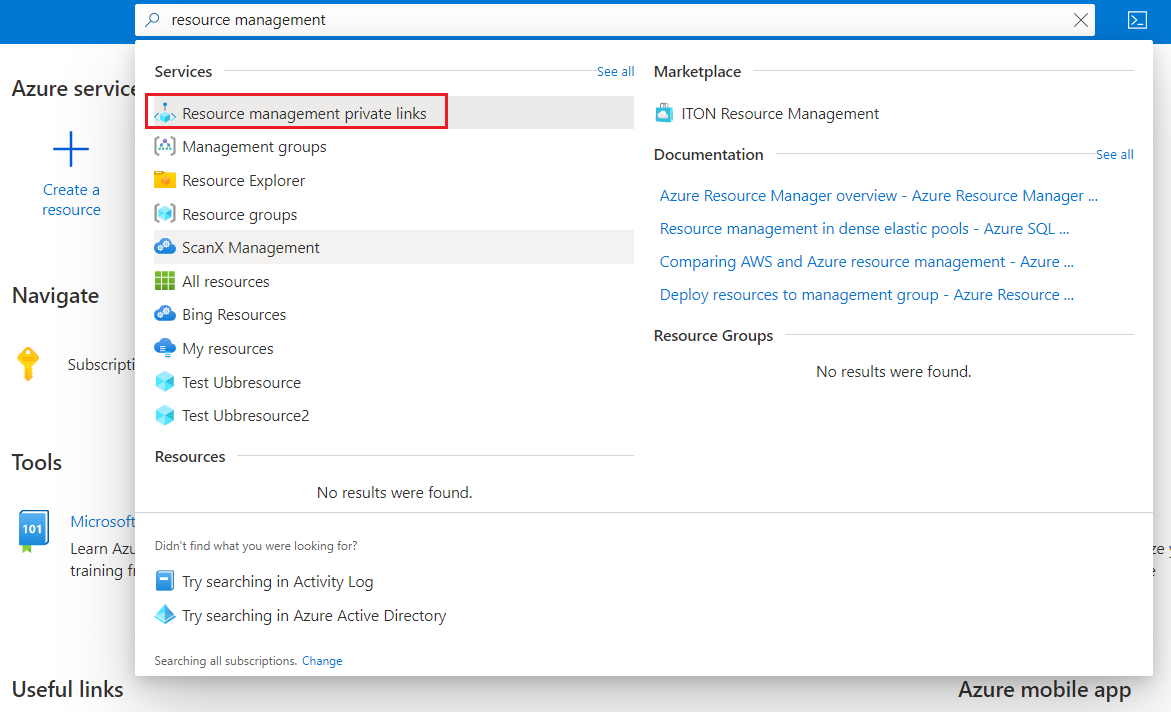 Cuplikan layar bilah pencarian portal Azure dengan 'Manajemen sumber daya' dimasukkan.