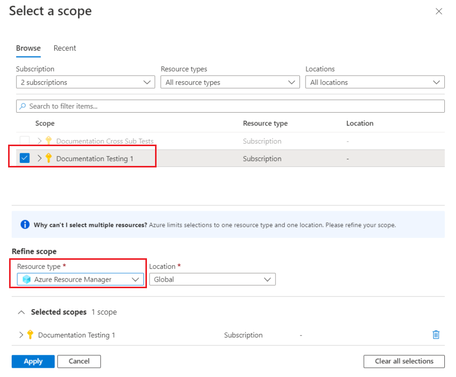 Cuplikan layar memilih satu langganan dan metrik Azure Resource Manager di portal Azure.