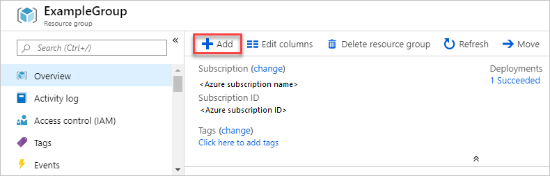 Cuplikan layar menambahkan sumber daya ke grup sumber daya di portal Azure