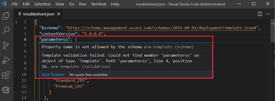 Cuplikan layar Visual Studio Code yang menyoroti kesalahan validasi templat dengan garis bergelombang merah di bawah 'parameter yang salah eja:' dalam kode.