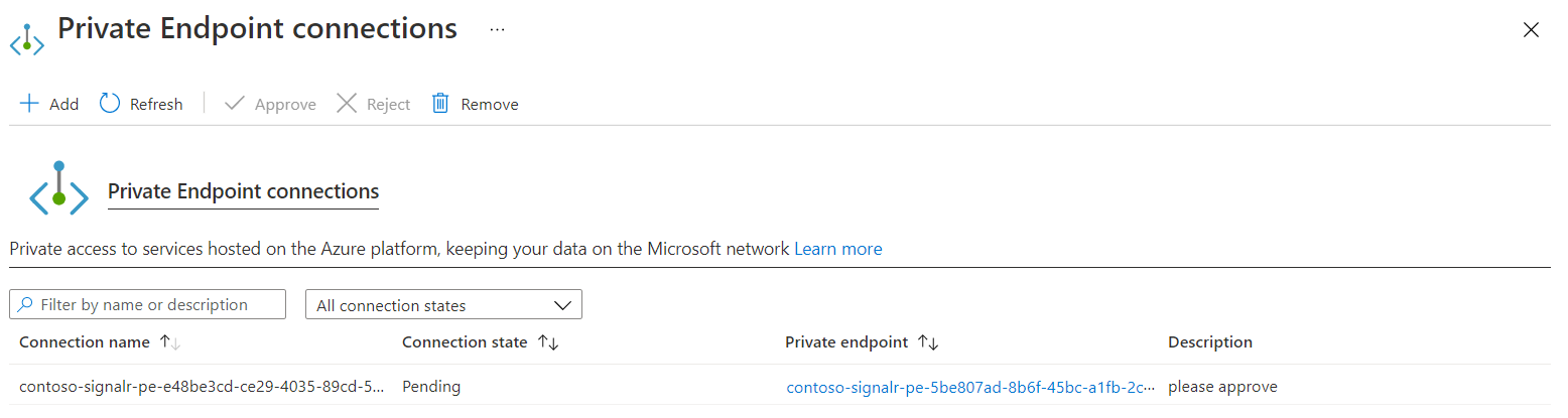 Screenshot of the Azure portal, showing the Private endpoint connections pane.