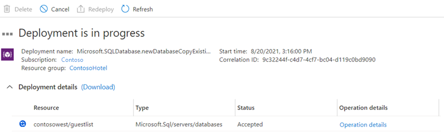 Cuplikan layar yang menunjukkan status penyebaran database sekunder.