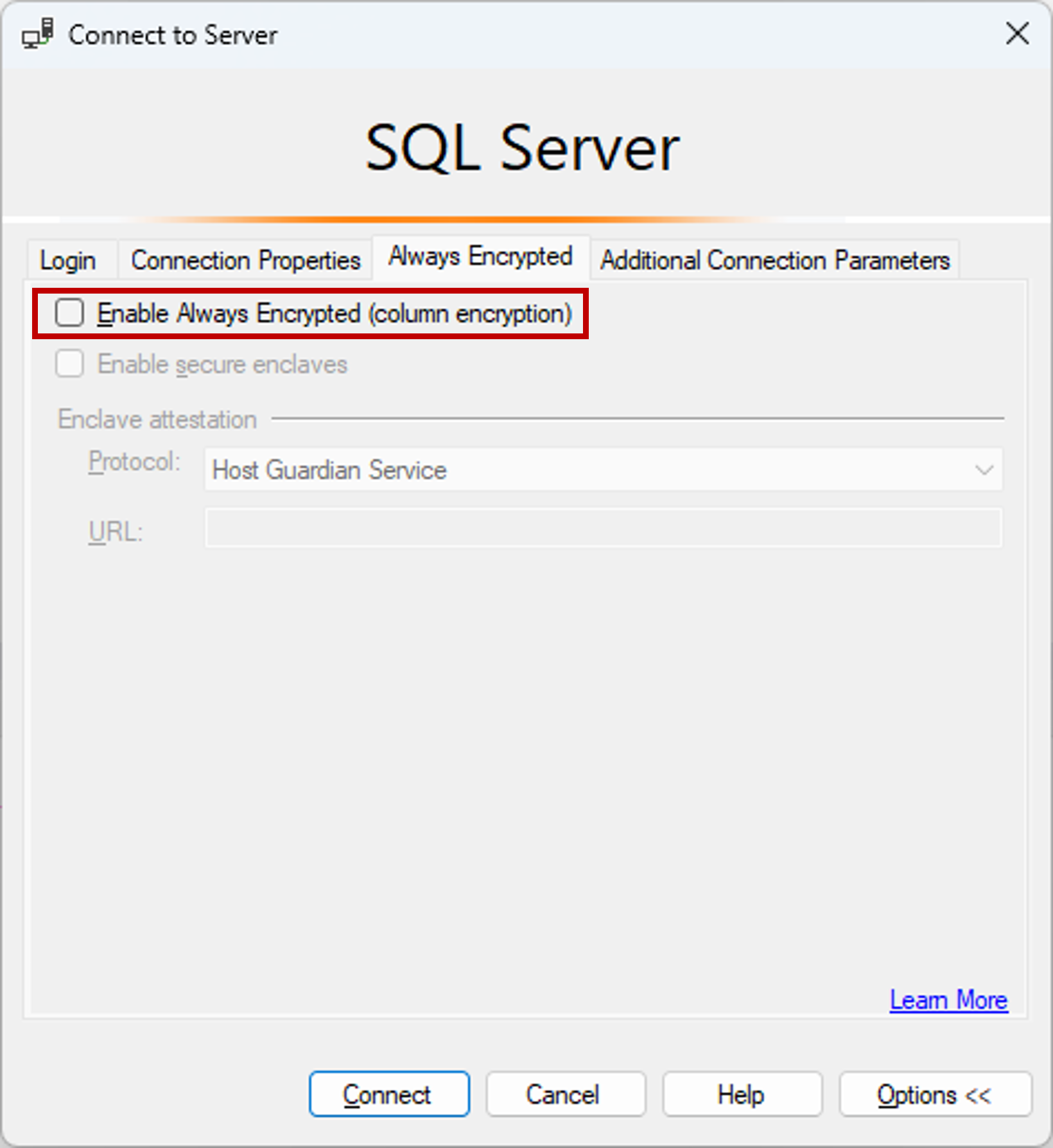 Cuplikan layar Sambungkan ke Server menggunakan SSMS tanpa Always Encrypted diaktifkan.