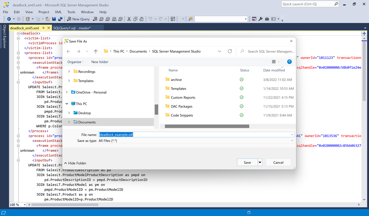 Cuplikan layar di SQL Server Management Studio saat menyimpan file XML grafis kebuntuan ke file dengan ekstensi xsd.